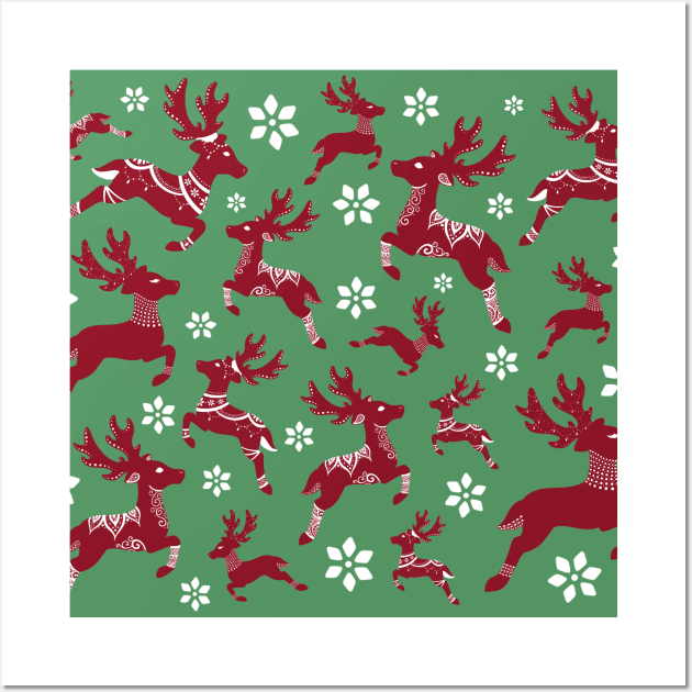 Green Christmas Reindeer Pattern Wall Art by Lady Lilac